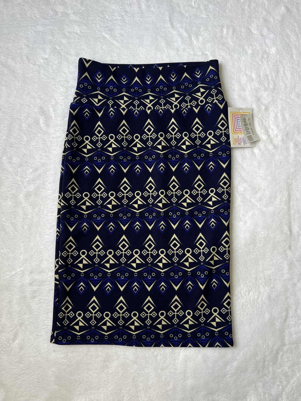LuLaRoe Cassie Pencil Skirt XS Navy Blue Geometric Tribal Print NWT Knee Length